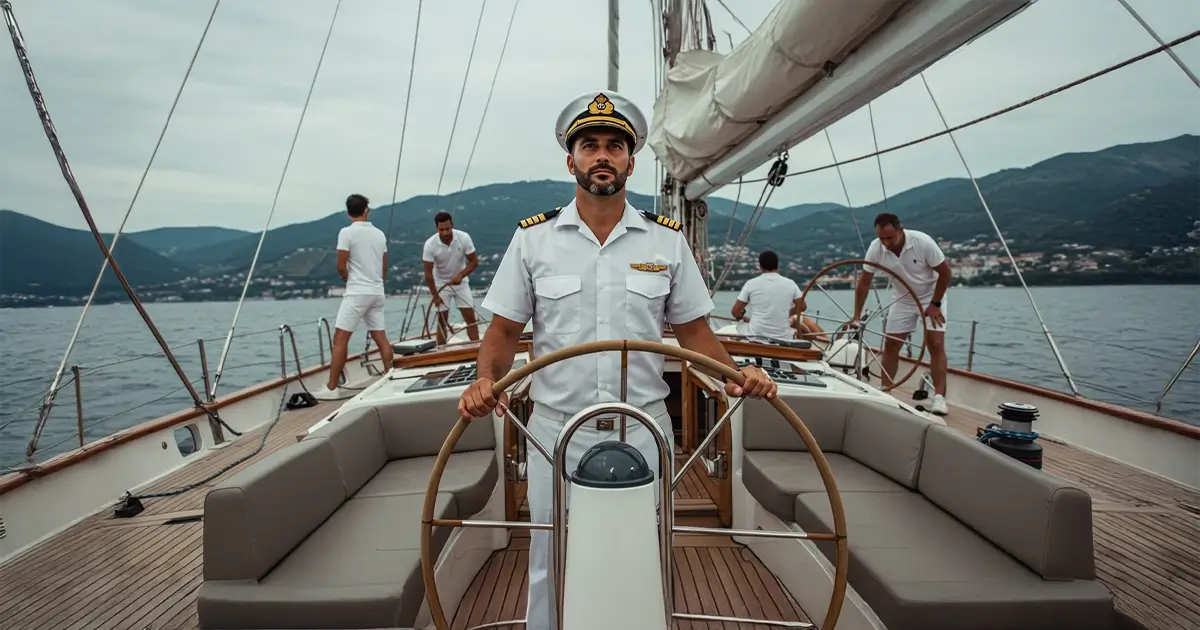 The professional yacht captain stands at the helm, managing the yacht with the crew visible in the background.