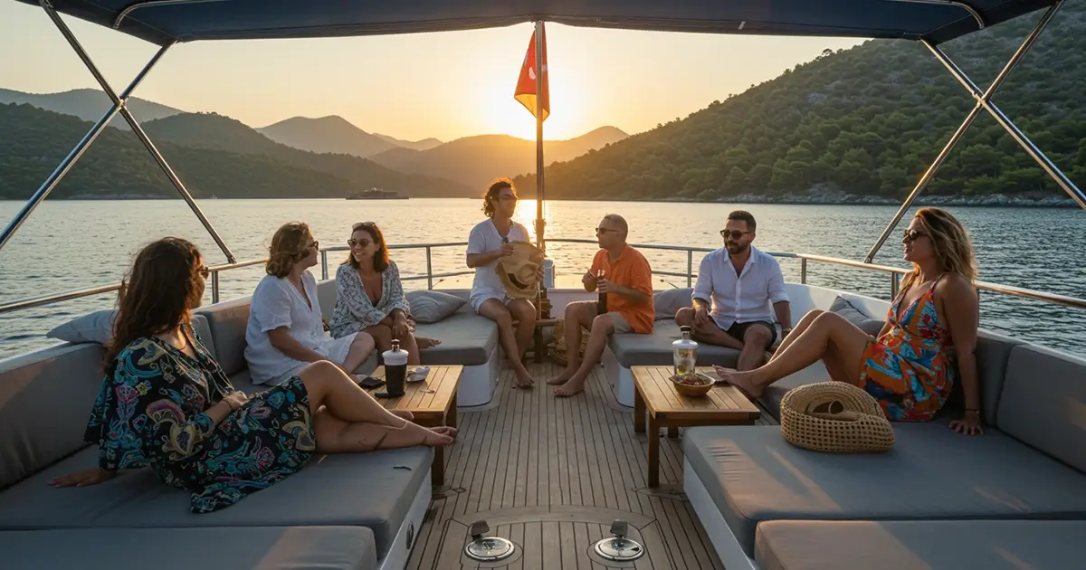 A group of holidaymakers on a blue cruise at sunset in Göcek Bay