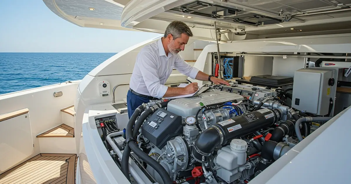 Expert inspector checks the technical condition of the yacht
