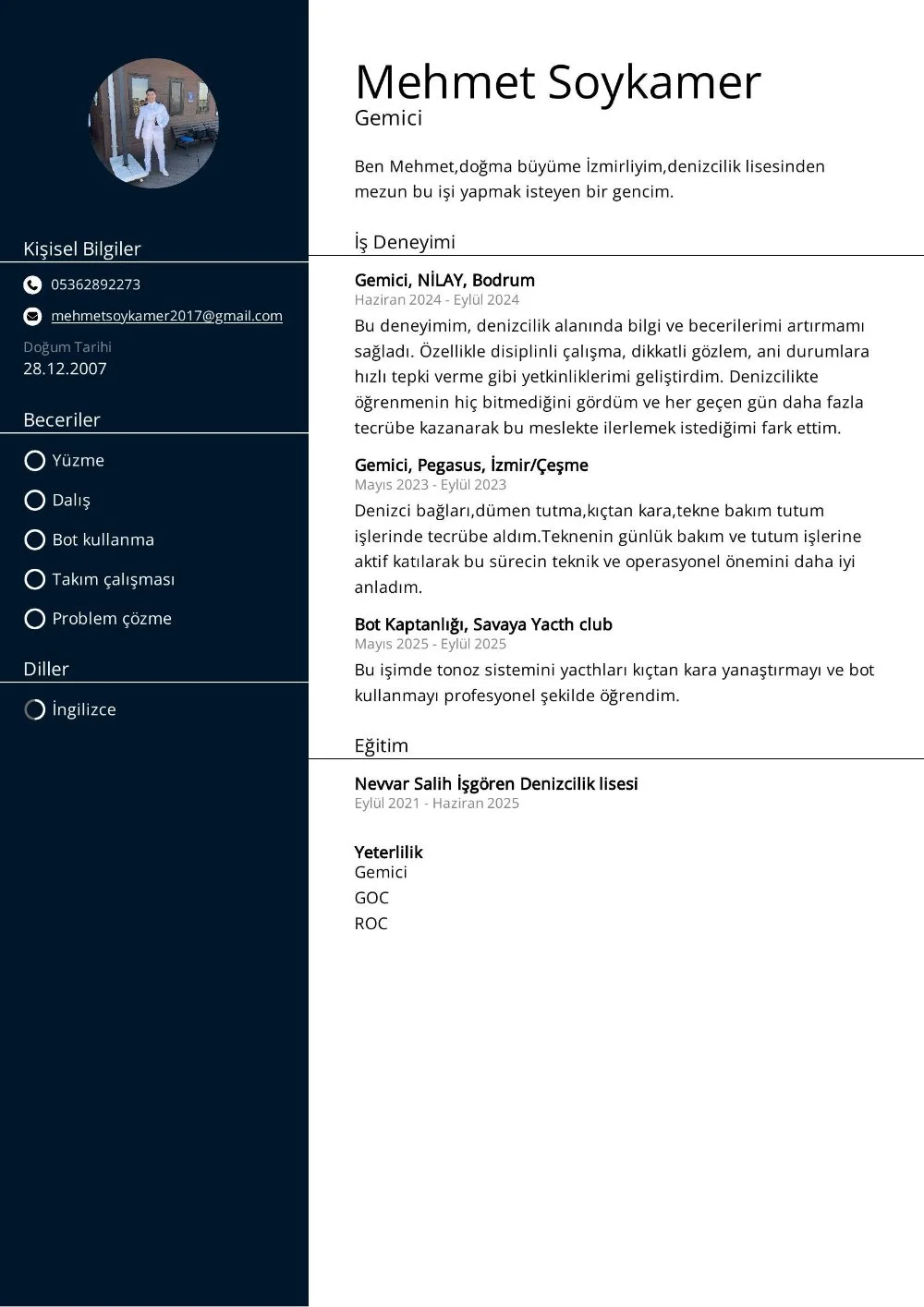 Gemici Mehmet Soykamer iş arıyorum.